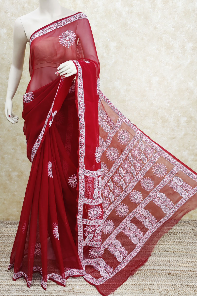 Red Colour Hand Embroidered Lucknowi Chikankari Saree ( With Blouse - Georgette ) Mc251734